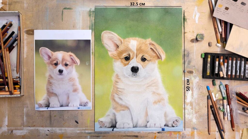 Rankų darbo pastelės portretas – šuns portretas iš nuotraukos