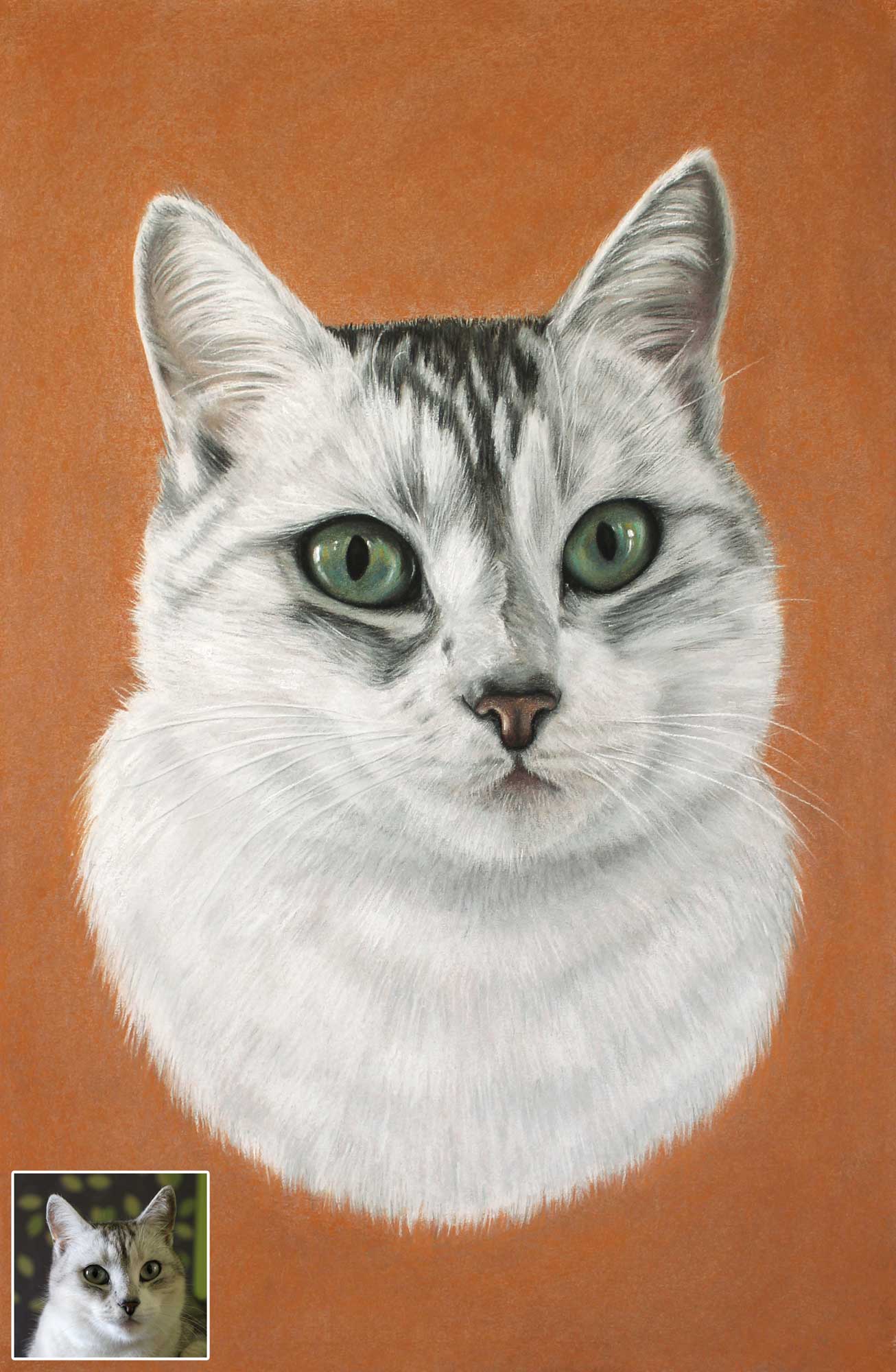 Rankų darbo pastelinis katės portretas sukurtas iš nuotraukos – unikalus meno kūrinys ant kokybiško popieriaus