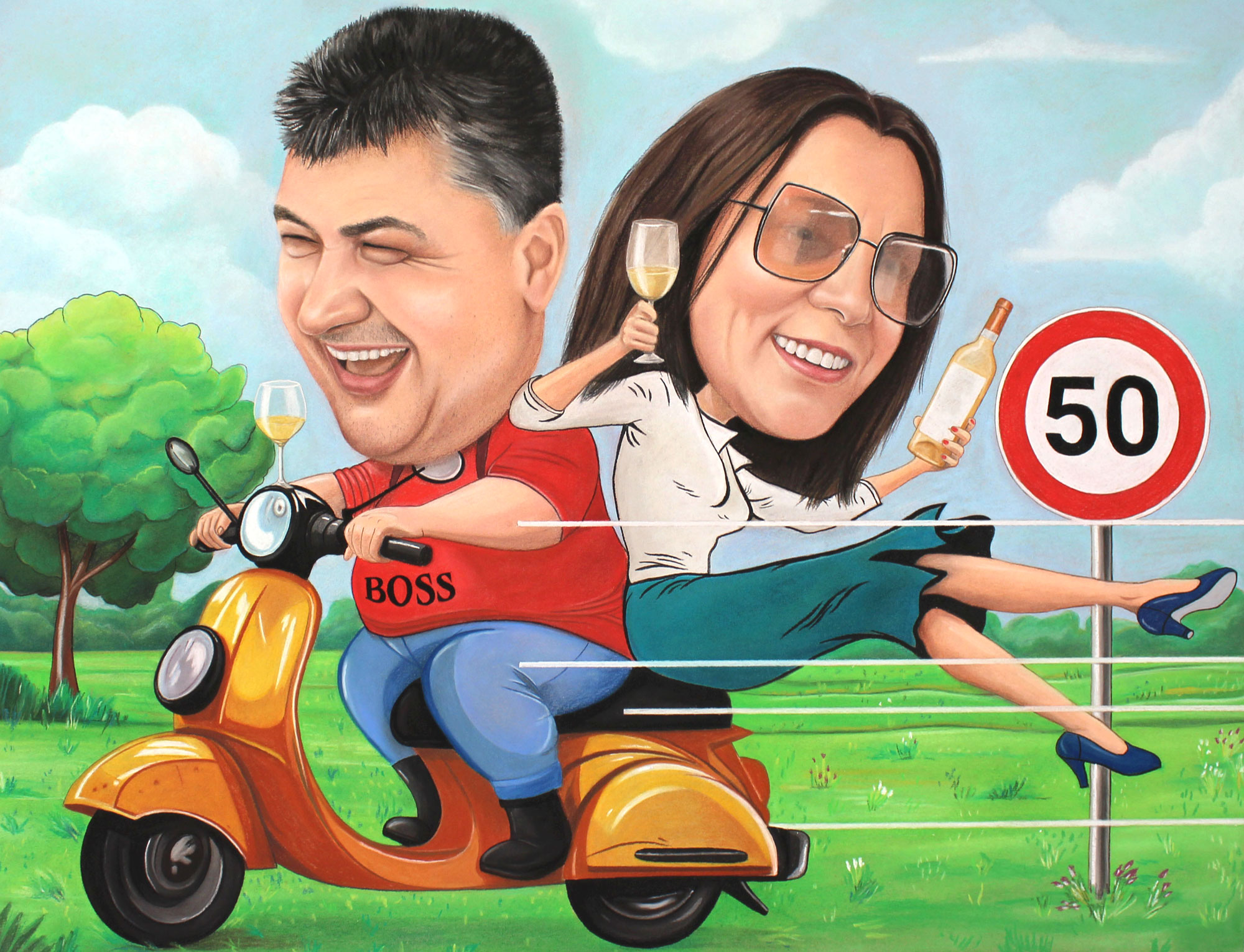 Unikalus šaržas pagal nuotrauką, sukurtas pastelėmis – žaismingas ir išraiškingas rankų darbo portretas