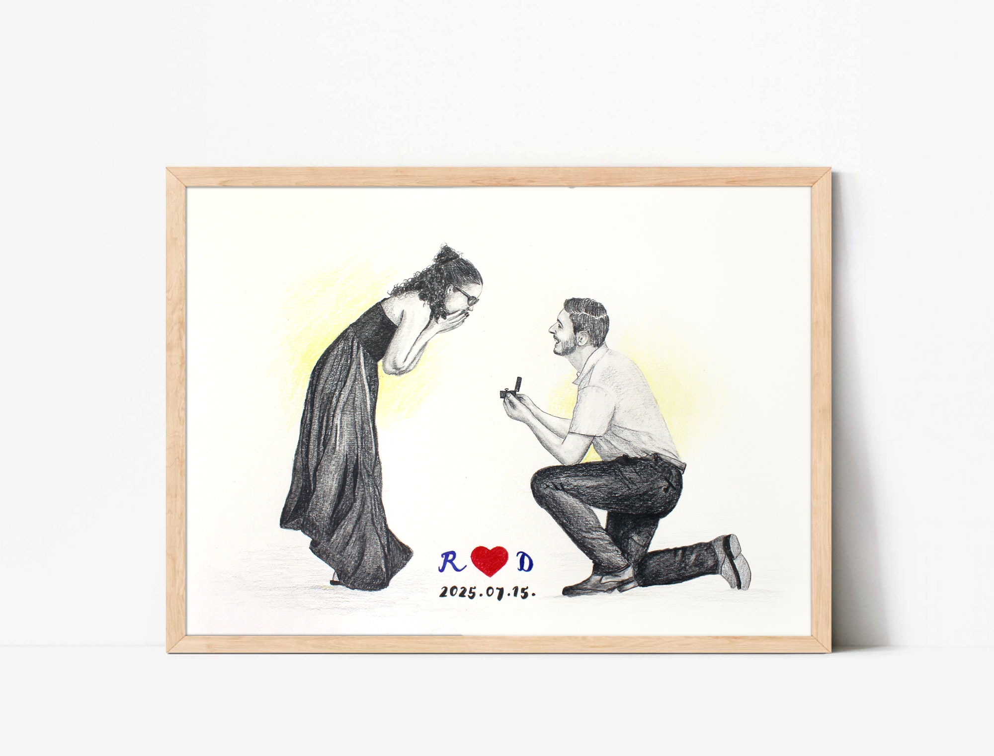 Rankų darbo grafito pieštukais portretas pagal nuotrauką – vyriškis siūlo ranką merginai, romantiška scena